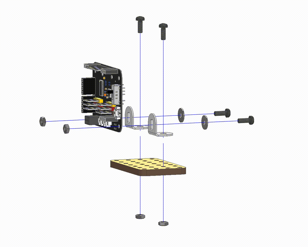 Exploded view showing how to attach the Angle Pieces to the Expansion Board using M3 bolts, nuts, and washers