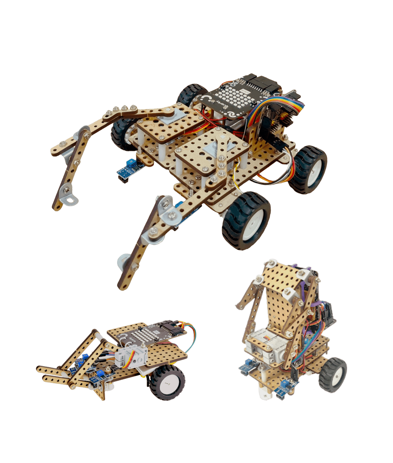 A four-wheeled rover robot with a robotic arm attachment built using the Creator's Kit