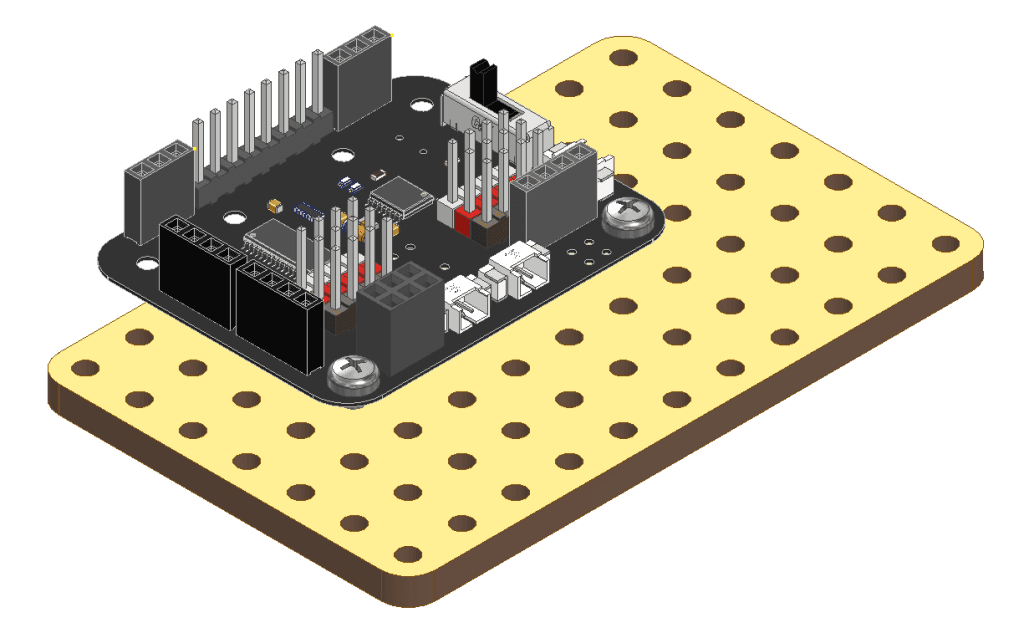 Expansion Board mounted directly flat onto a large golden perforated wooden plate