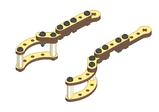 Gripper Mechanism assembled using two servo motors, curved strips, 45° strips, and a base plate