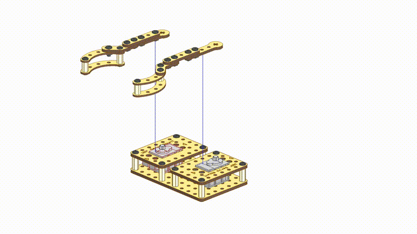 Gripper Mechanism assembled using two servo motors, curved strips, 45° strips, and a base plate