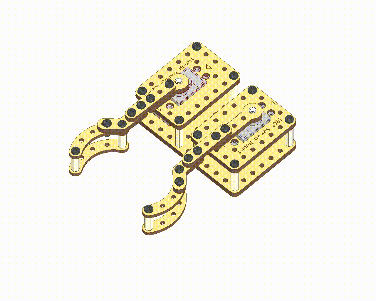 Gripper Mechanism assembled using two servo motors, curved strips, 45° strips, and a base plate