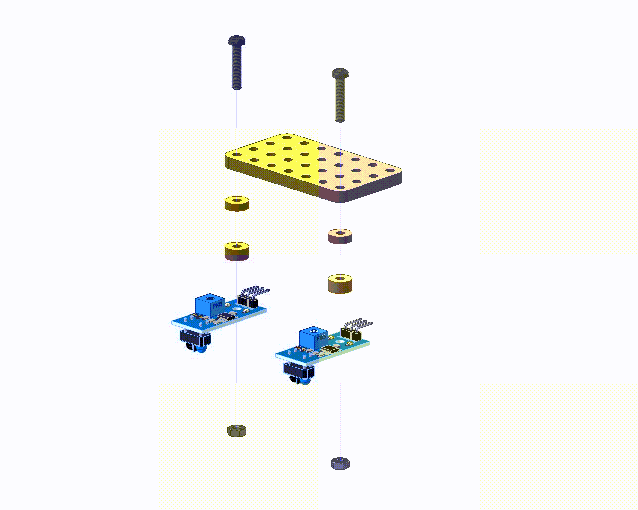 Exploded view showing IR sensors, ring spacers, wooden plate, and M3 bolts assembly from above