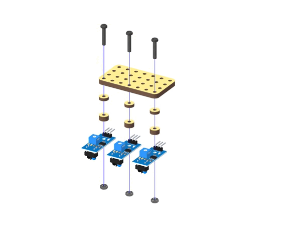 Exploded view showing IR sensors, wooden plate, and M3 bolts assembly from above