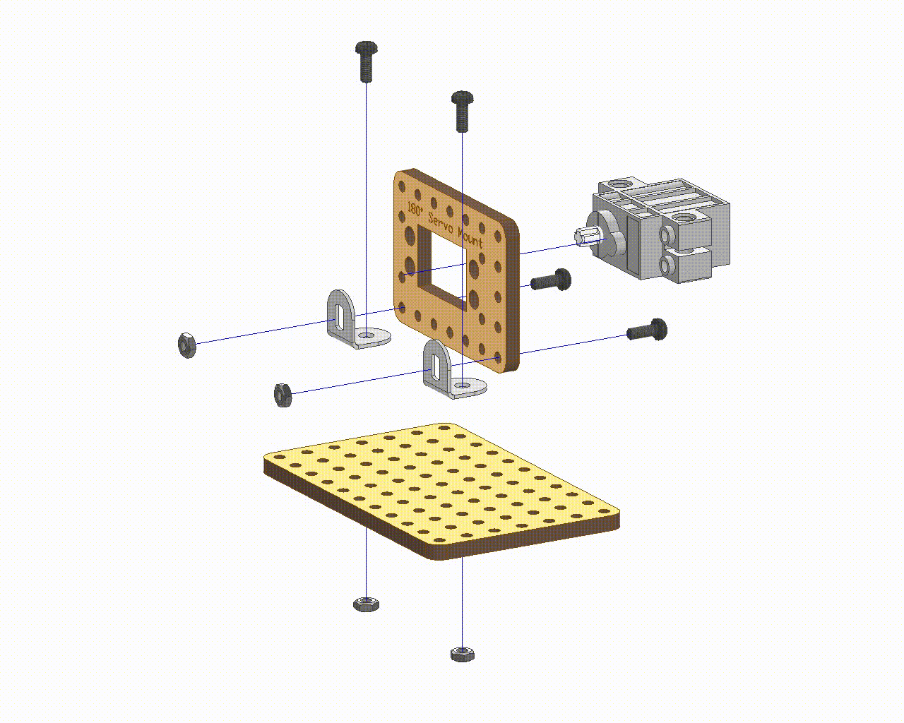 Pick and Place Mechanism assembled using servo motor, servo mount, linkage strips, C-strips, and wooden plates