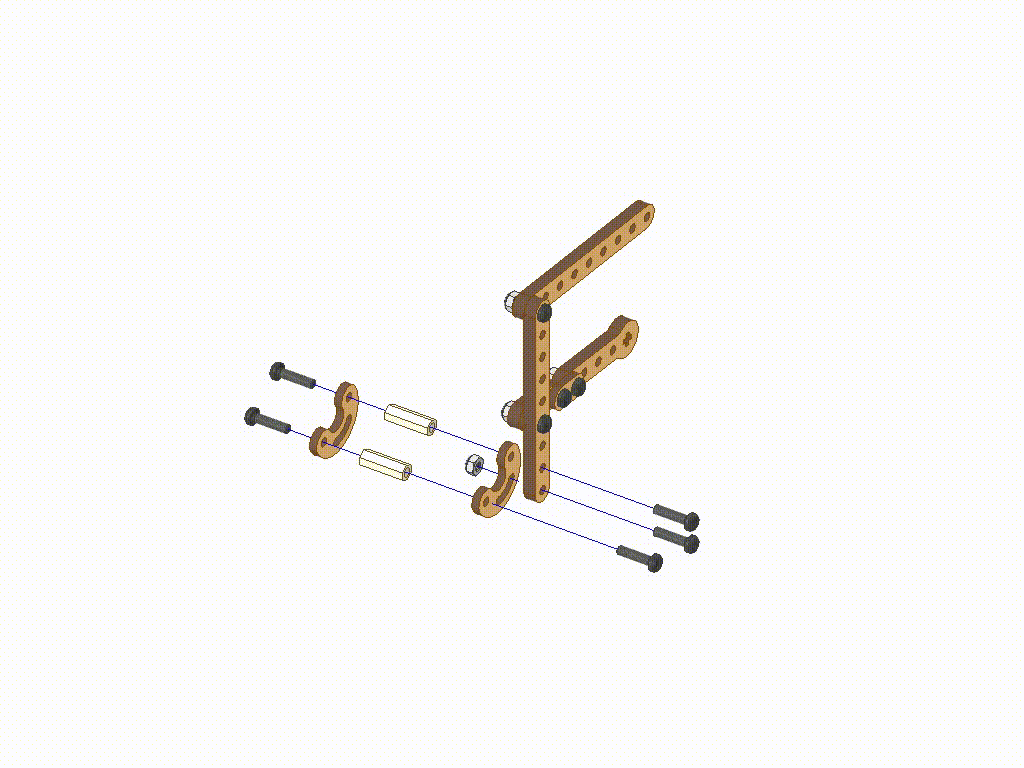 Pick and Place Mechanism assembled using servo motor, servo mount, linkage strips, C-strips, and wooden plates