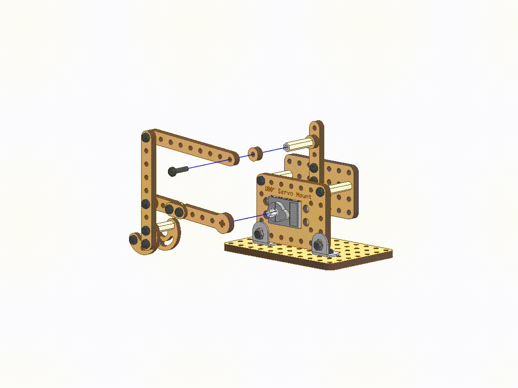 Pick and Place Mechanism assembled using servo motor, servo mount, linkage strips, C-strips, and wooden plates