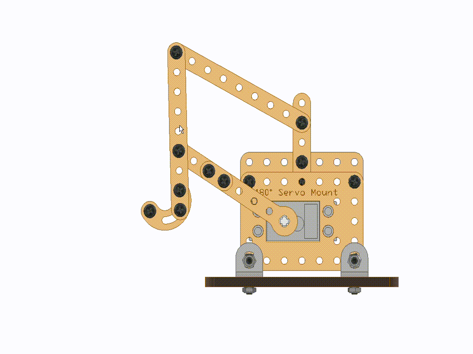 Pick and Place Mechanism assembled using servo motor, servo mount, linkage strips, C-strips, and wooden plates