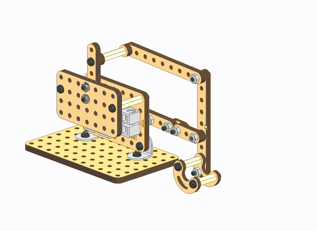 Pick and Place Mechanism assembled using servo motor, servo mount, linkage strips, C-strips, and wooden plates