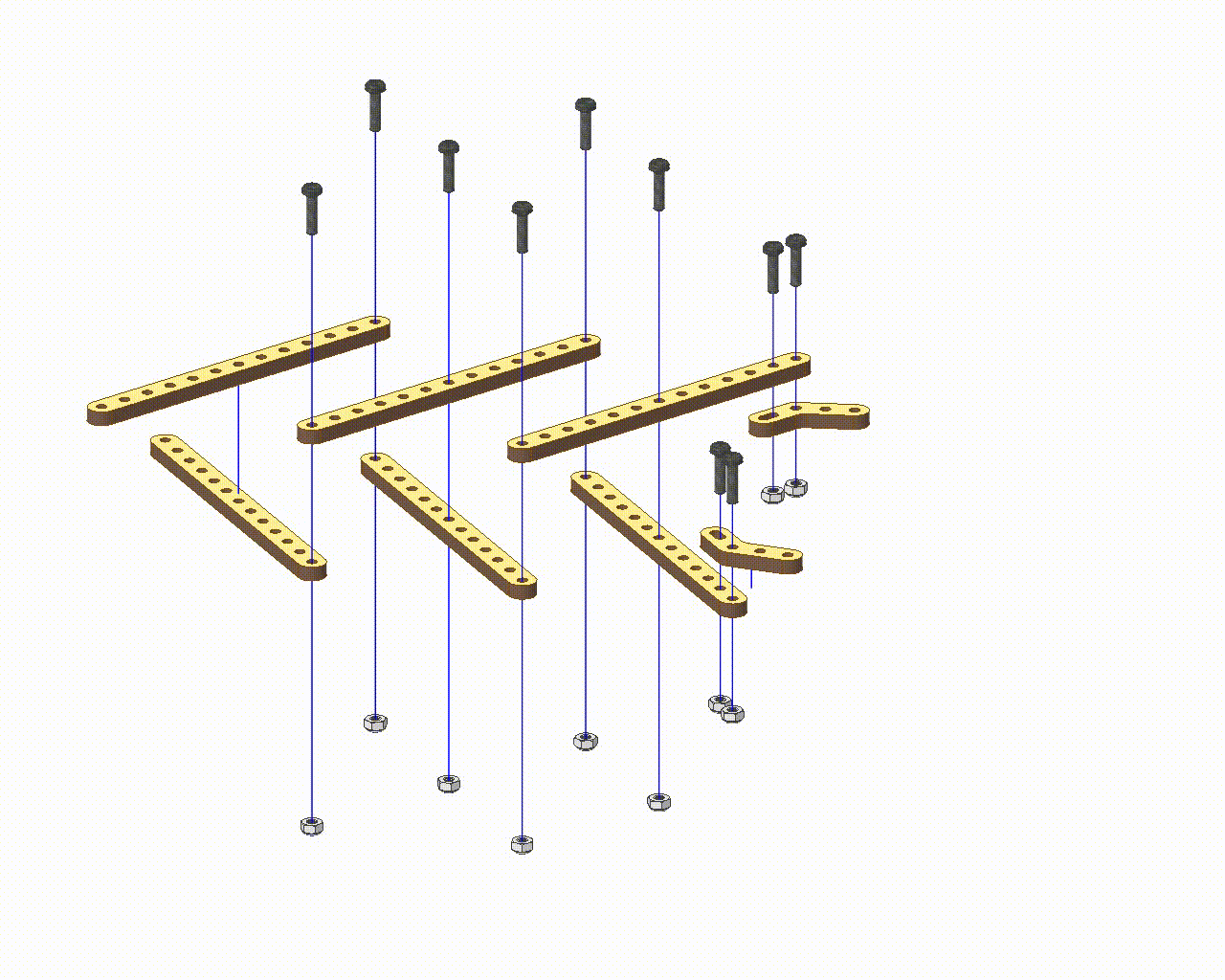 Scissor Mechanism assembled using crossed wooden linkage strips, servo motors, and a base plate showing extended scissor linkage