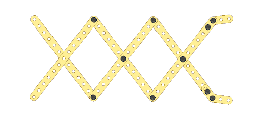 Scissor Mechanism assembled using crossed wooden linkage strips, servo motors, and a base plate showing extended scissor linkage