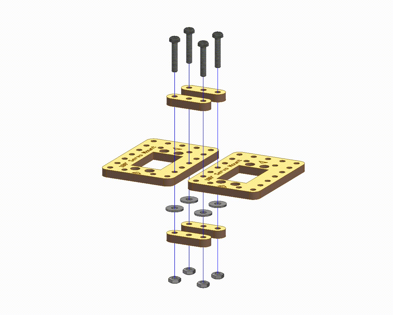 Scissor Mechanism assembled using crossed wooden linkage strips, servo motors, and a base plate showing extended scissor linkage