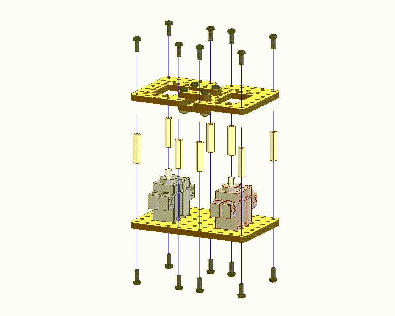Scissor Mechanism assembled using crossed wooden linkage strips, servo motors, and a base plate showing extended scissor linkage