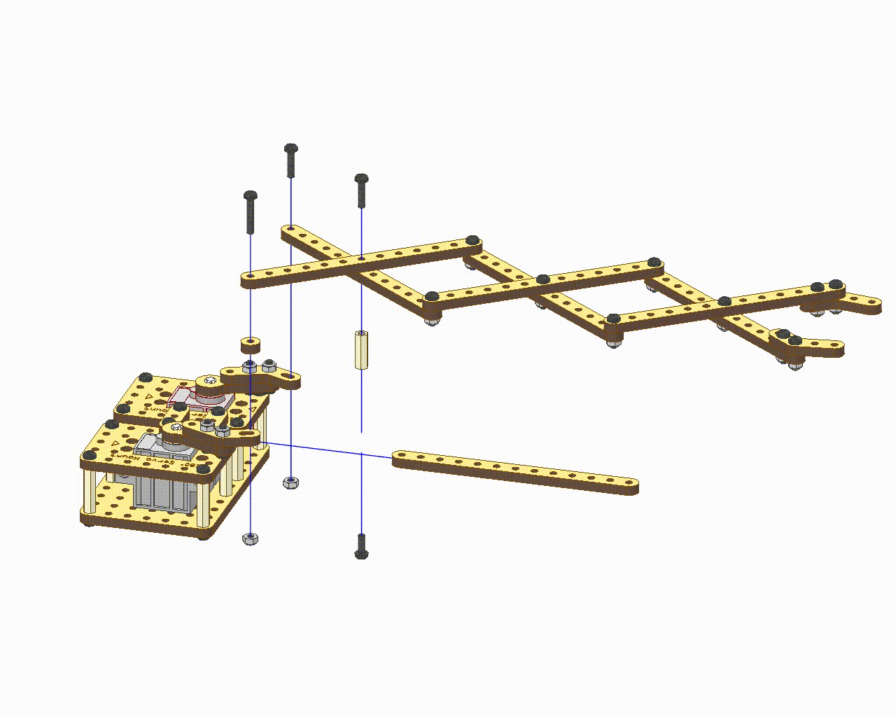 Scissor Mechanism assembled using crossed wooden linkage strips, servo motors, and a base plate showing extended scissor linkage