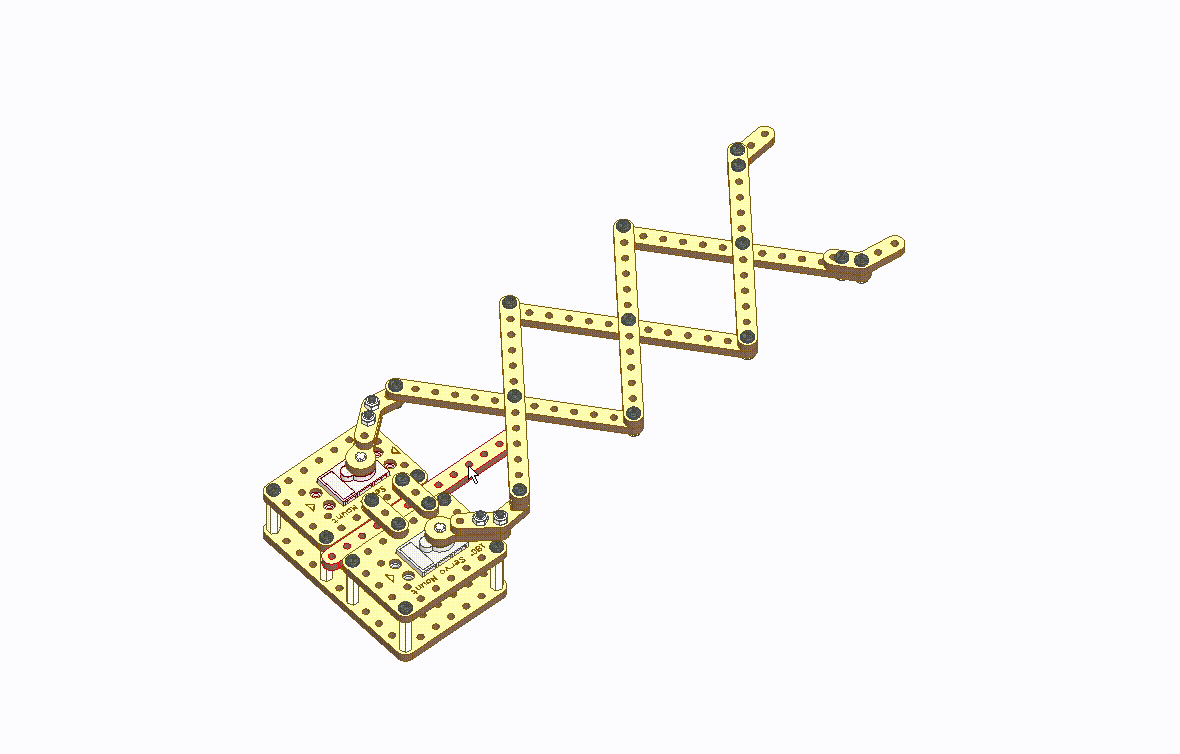 Scissor Mechanism assembled using crossed wooden linkage strips, servo motors, and a base plate showing extended scissor linkage