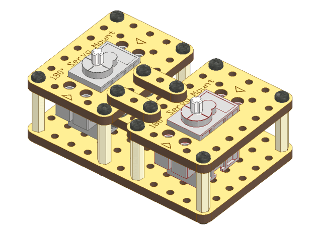 Scissor Mechanism assembled using crossed wooden linkage strips, servo motors, and a base plate showing extended scissor linkage