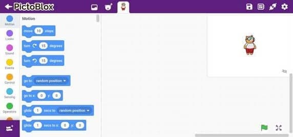 PictoBlox scripting area showing the when flag clicked hat block added from the Events palette