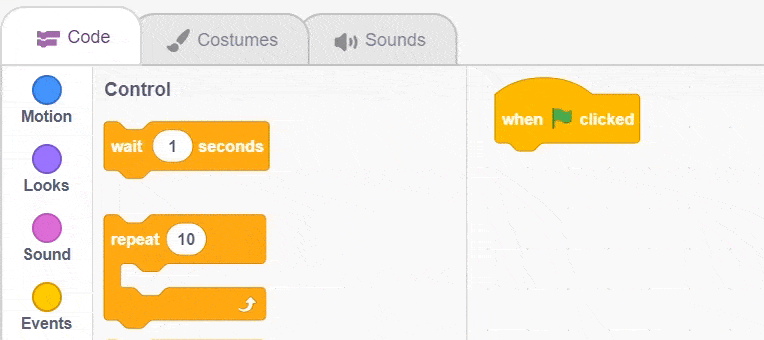 PictoBlox scripting area showing the wait 0.1 seconds block from the Control palette added below the move steps block