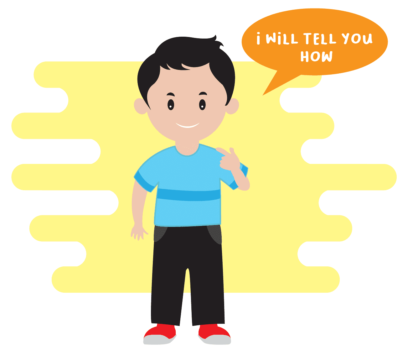 Cartoon illustration of a boy saying I will tell you now, representing a programmer giving instructions