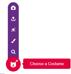 Choose a Costume button and costume options menu in PictoBlox