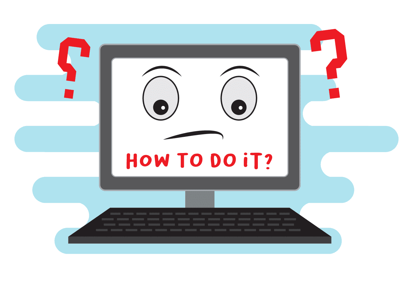 Cartoon illustration of a computer monitor with a confused face and question marks asking how to do it
