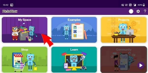 PictoBlox App home screen showing My Space Tab to create a new file on mobile