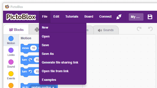 PictoBlox interface showing the File menu open to create a new file