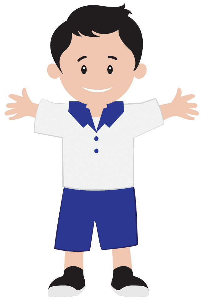Cartoon boy fully dressed in school uniform with white shirt and blue pants