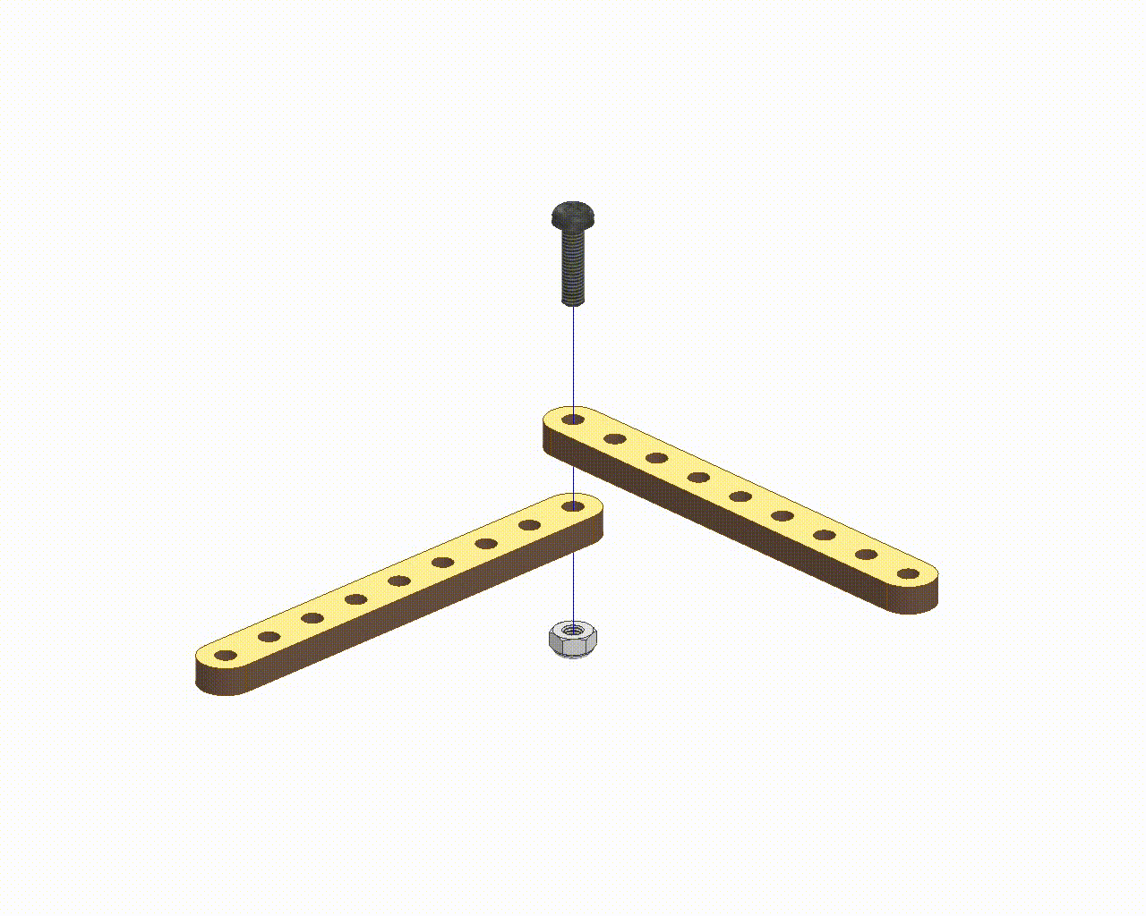Exploded view of Corner Linkage Mechanism showing M3 bolt and M3 lock nut assembly through two wooden strips