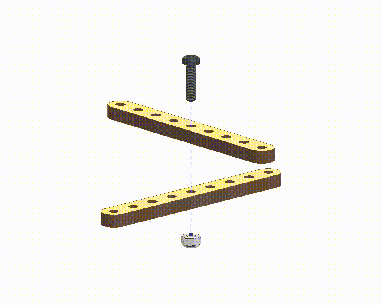 Exploded view of Cross Linkage Mechanism showing M3 bolt and M3 lock nut assembly through two crossing wooden strips