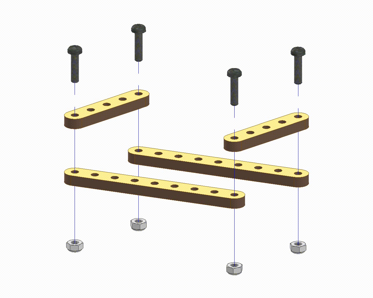 Exploded view of Parallel Linkage Mechanism showing M3 bolts and M3 lock nuts assembly through four wooden strips at corners