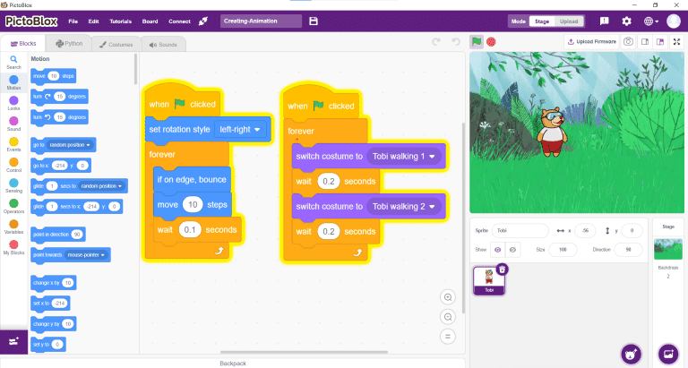 PictoBlox stage showing multiple block coding scripts running simultaneously with Tobi walking in the forest