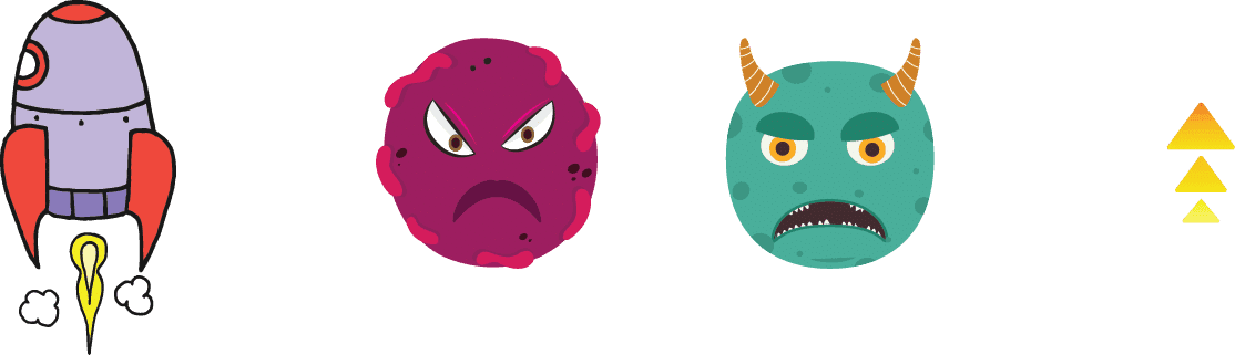 Various example sprites available in PictoBlox including a rocket, monster, and arrow character